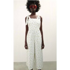Zara Printed Culotte Jumpsuit Textured Floral Dot Tie Straps Size L